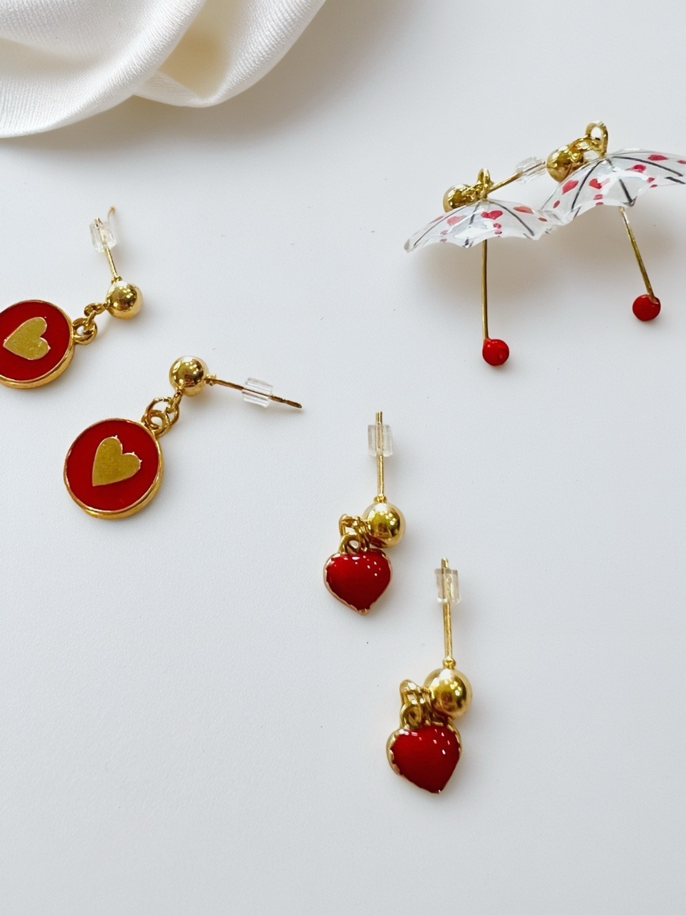 Teeny Tiny Umbrella Gold-Tone Red Hearts and Hearts Drop Earring Set of 3 - Picture 12 of 16